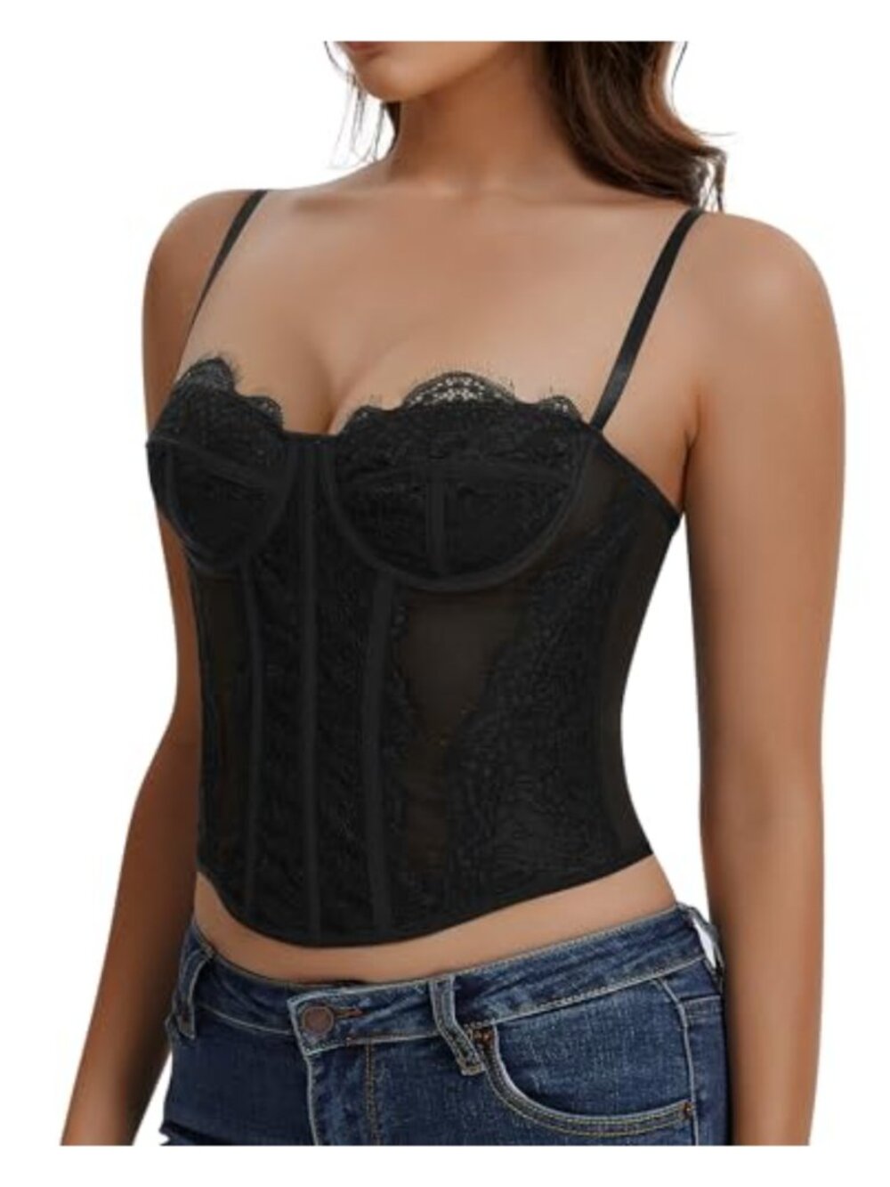 Women's Sexy Bustier Corset Top Stretchy Mesh Lace Fashionable